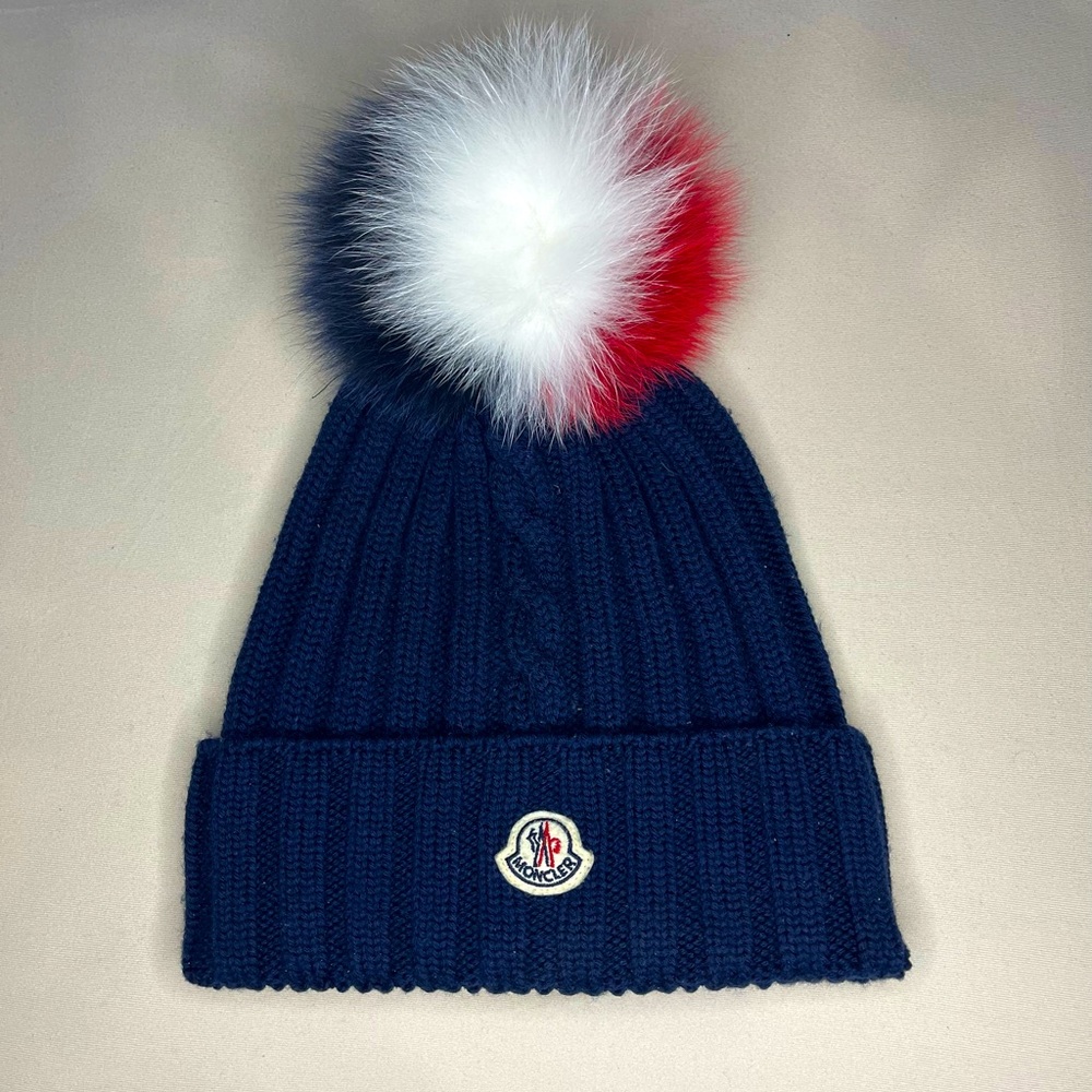 Moncler Women’s Blue Tri Color Pom Pom Beanie